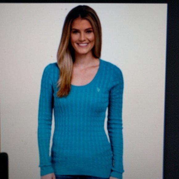 U.S. POLO ASSN. USPA SWEATER TEAL CABLE KNIT SIZE S - Picture 3 of 3